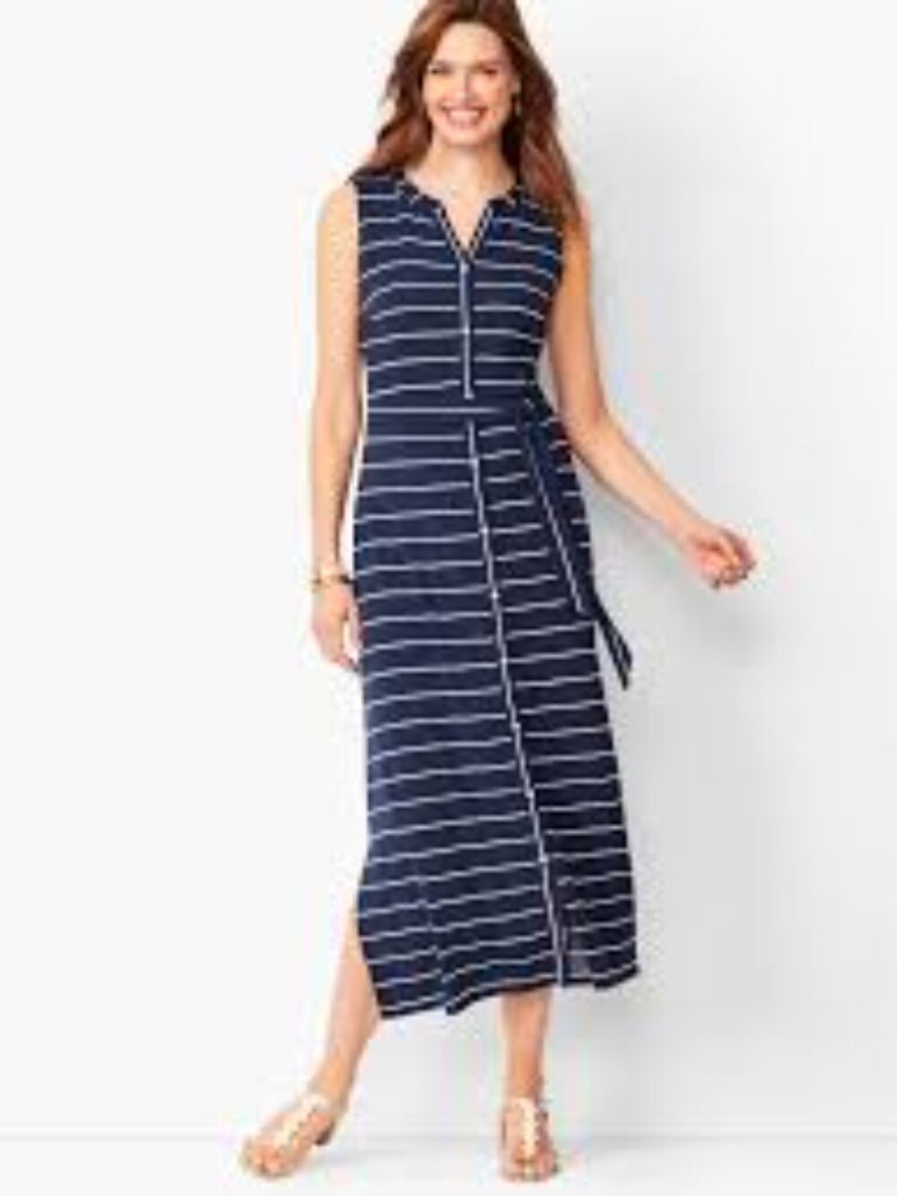 Talbots Stripe Button-Front Jersey Maxi Dress Navy White M